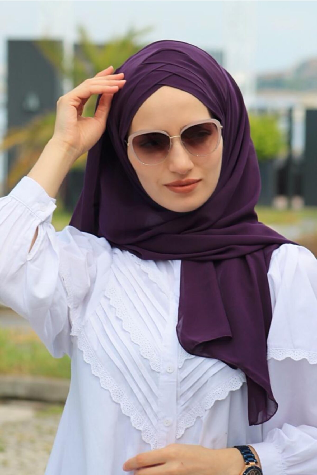 Amisos Bone Şal Hazır Tesettür Giyim Üç Bantlı Şal Mürdüm (hazır Model) - Özel Tasarım- Yeni Model Tesettür Giyim