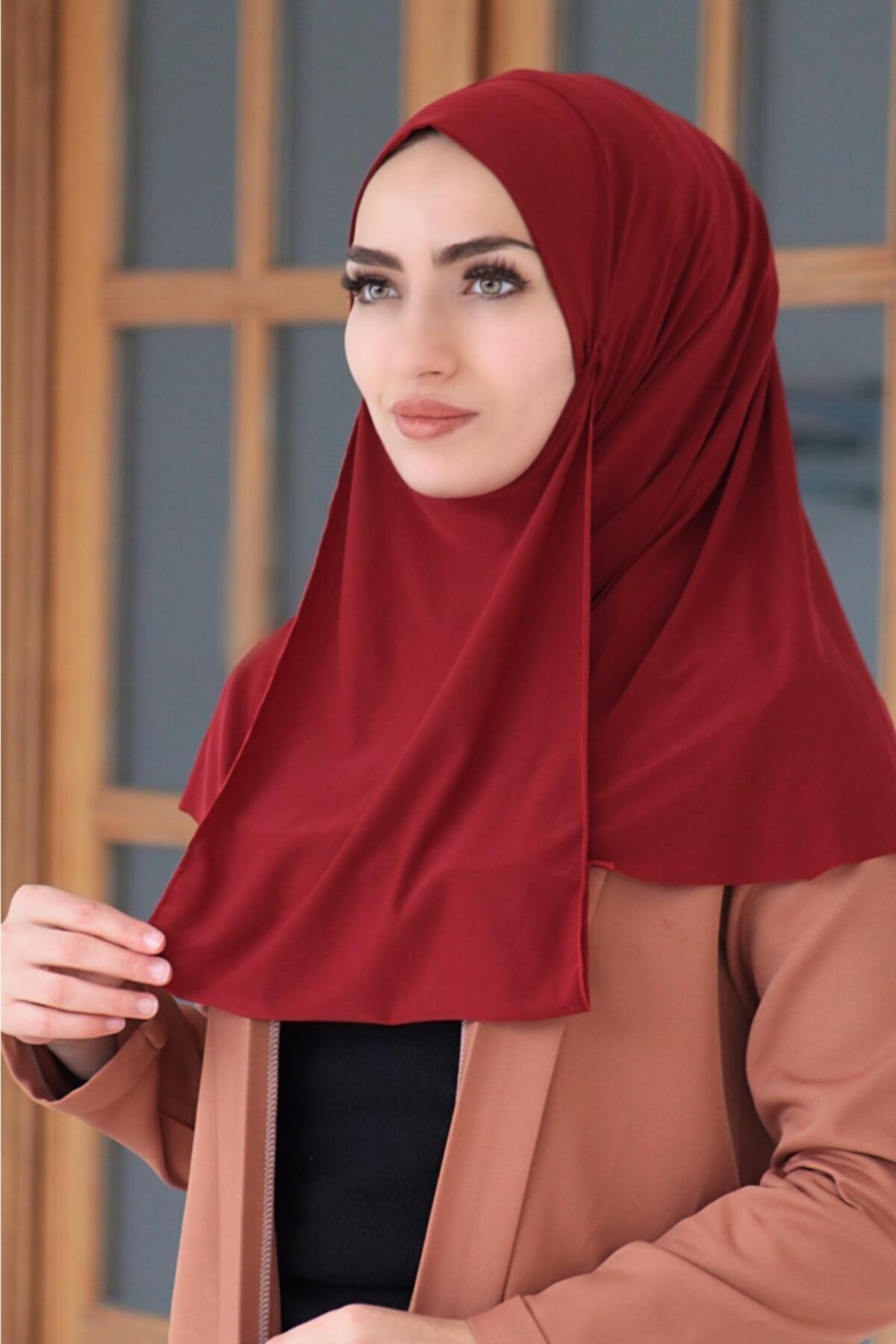 Amisos Bone Şal Hazır Tesettür Giyim Peçe Şal Sandy Kumaş Bordo - Özel Tasarım- Yeni Model Tesettür Giyim