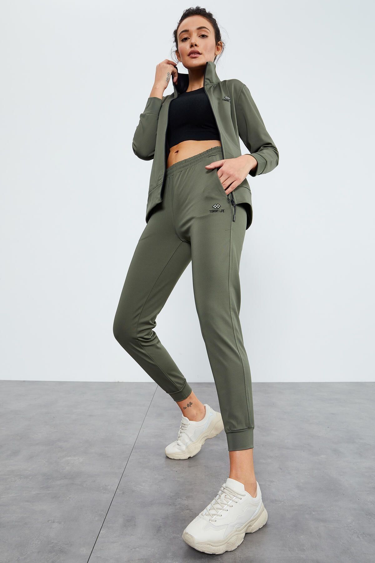 Tommy Life Tommylife Çağla Kadın Fermuar Cepli Dalgıç Kumaş Standart Kalıp Jogger Eşofman Takımı - 95271