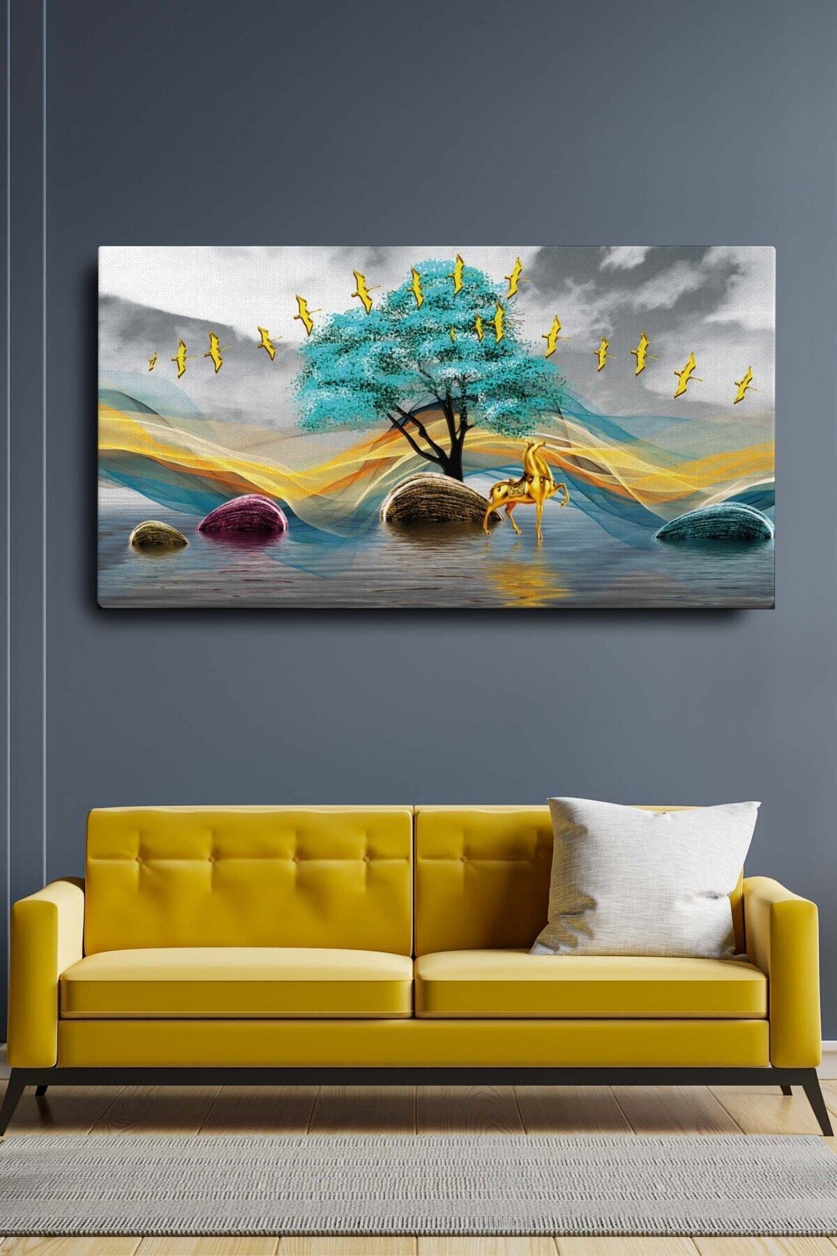 Blok Design Dekoratif Soyut Altın At Ve Kuşlar Sürreal Kanvas Duvar Tablosu 120x60cm Büyük Boy Tablo