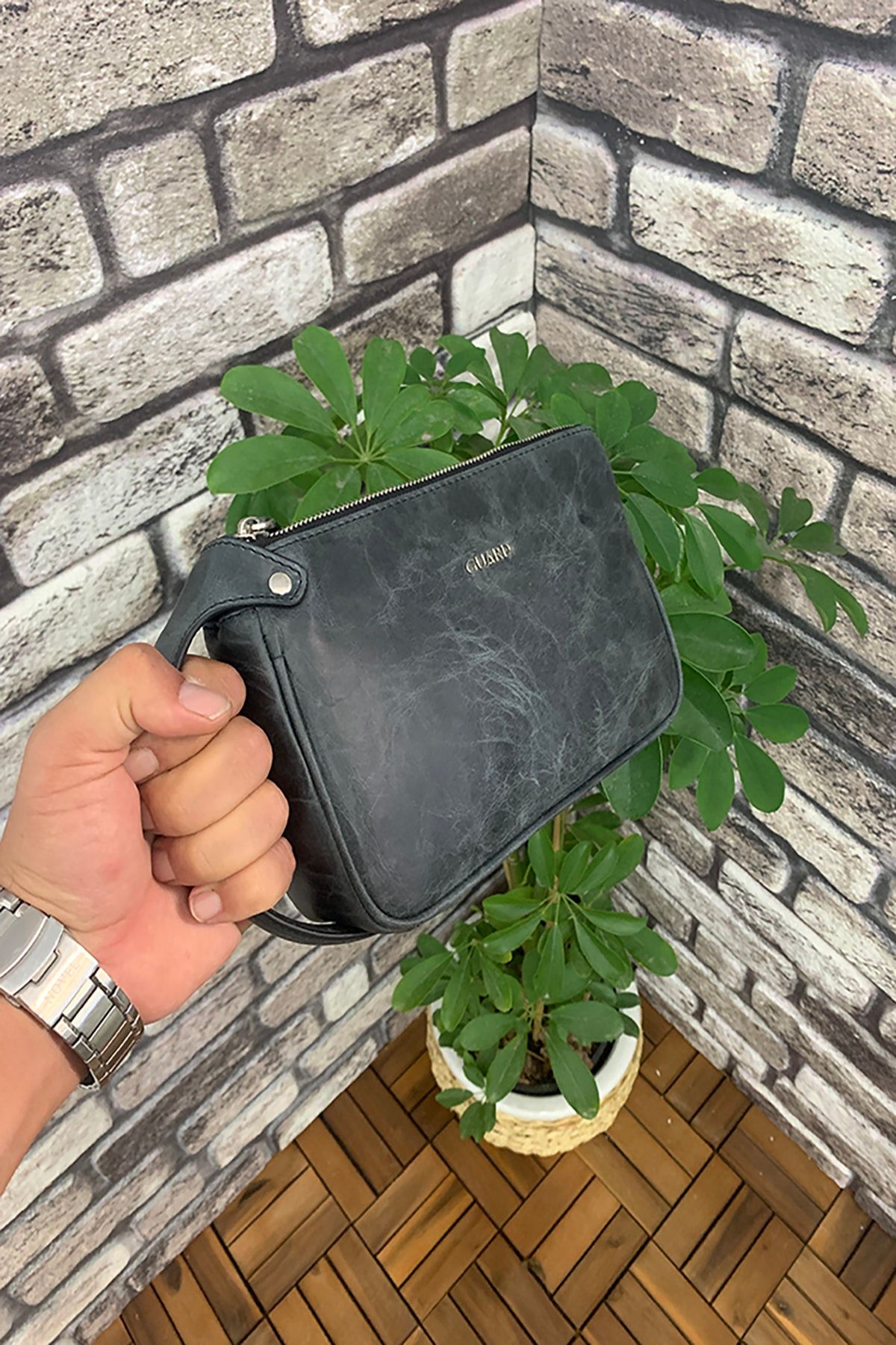 GUARD Antik Siyah Unisex Çift Fermuarlı El Çantası