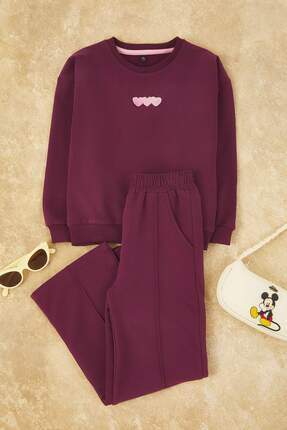 Lila Pamuklu Kalpli Oversize Kız Çocuk Örme Alt - Üst Takım TKDAW26AU00001 Image 2