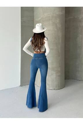 Beark Yüksek Bel Likralı İspanyol Paça Kot Tayt Pantolon Image 2