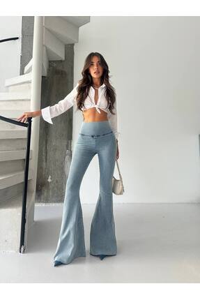 Beark Yüksek Bel Likralı İspanyol Paça Kot Tayt Pantolon Image 2