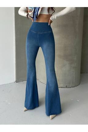 Beark Yüksek Bel Likralı İspanyol Paça Kot Tayt Pantolon Image 3