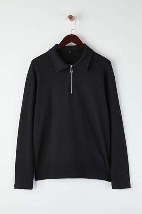 Siyah Oversize Polo Yaka Düz Polo Yaka T-shirt/Sweatshirt TMNAW26PO00000 Image 4