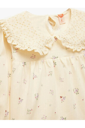 Pamuklu Çiçek Desenli Bebe Yaka Bej Kız Bebek Uzun Kollu T-shirt 6WMG10092AK Image 2
