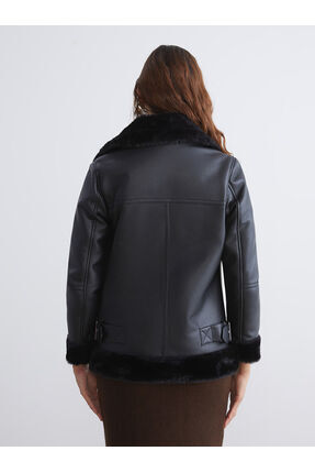 Siyah Biker Yaka Kadın Deri Görünümlü Mont Image 4