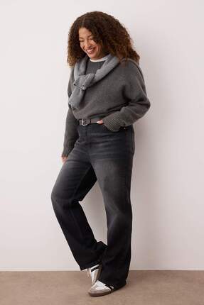 Antrasit Yüksek Bel Geniş Paça Büyük Beden Wide Leg Jeans TBBAW23CJ00020 Image 1