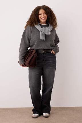 Antrasit Yüksek Bel Geniş Paça Büyük Beden Wide Leg Jeans TBBAW23CJ00020 Image 0