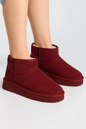 Kadın Classıc Mini Bordo Kürklü Süet Bot Image 0