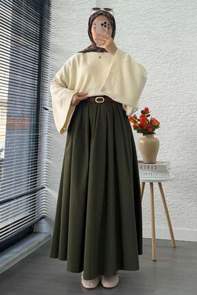 Nervür Detaylı Cepli Poplin Etek – Haki Image 4