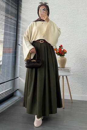 Nervür Detaylı Cepli Poplin Etek – Haki Image 0
