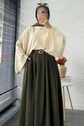 Nervür Detaylı Cepli Poplin Etek – Haki Image 1