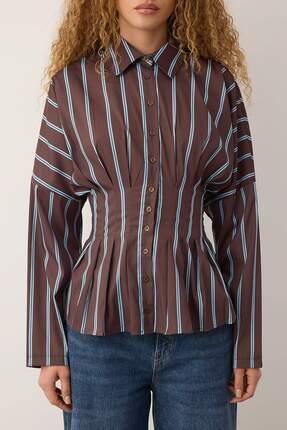 Kahverengi-Çok Renkli Çizgili Lycralı Bele Oturan Gömlek TWOAW26GO00113 Image 2