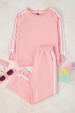 Pembe Kız Çocuk Pamuklu Düz Bisiklet Yaka Oversize Örme Alt - Üst Takım TKDAW26AU00019 Image 1