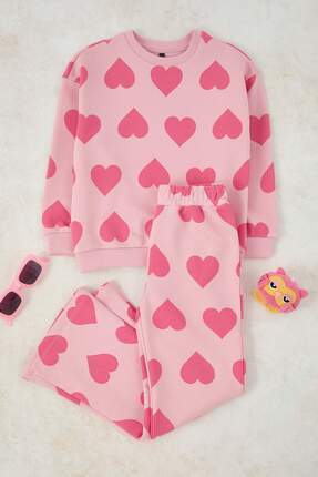 Pembe Pamuklu Kalp Baskılı Regular Kız Çocuk Örme Alt - Üst Takım TKDAW26AU00034 Image 1