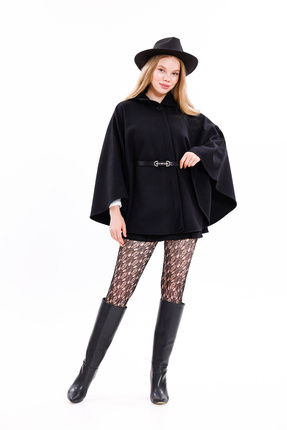 Kadın Siyah Kemerli Oversize Kaşe Panço/ Yeni Sezon - Rahat Kalıp - Şık Günlük Kombin Image 4