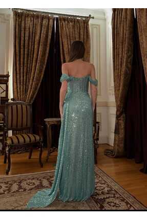 Kadın Su Yeşili Pul Payet Düşük Kol Yırtmaç Detay Uzun Abiye Mezuniyet Elbisesi Image 3