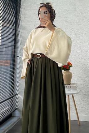 Nervür Detaylı Cepli Poplin Etek – Haki Image 5
