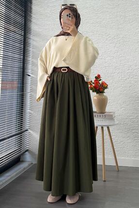 Nervür Detaylı Cepli Poplin Etek – Haki Image 6