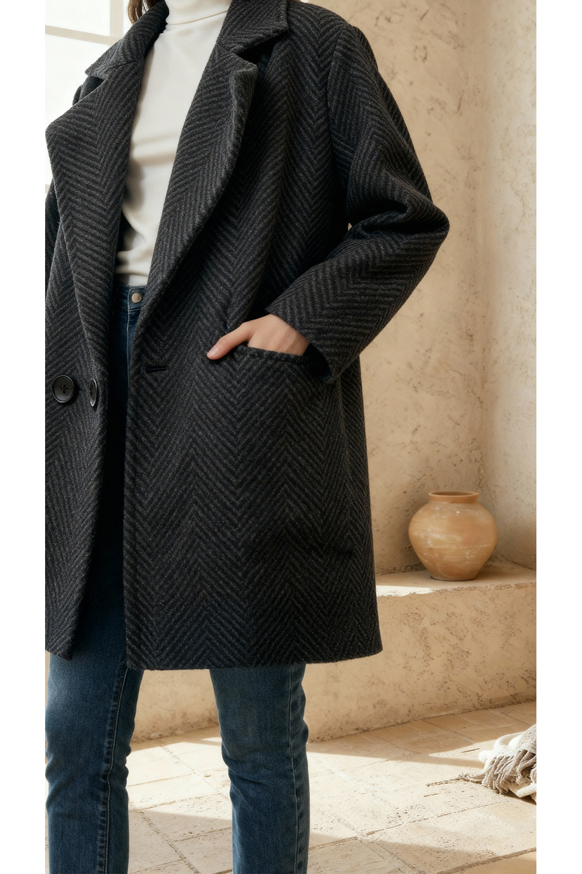 کت زنانه اورسایز Kaşe طرح دار آنتراسیت