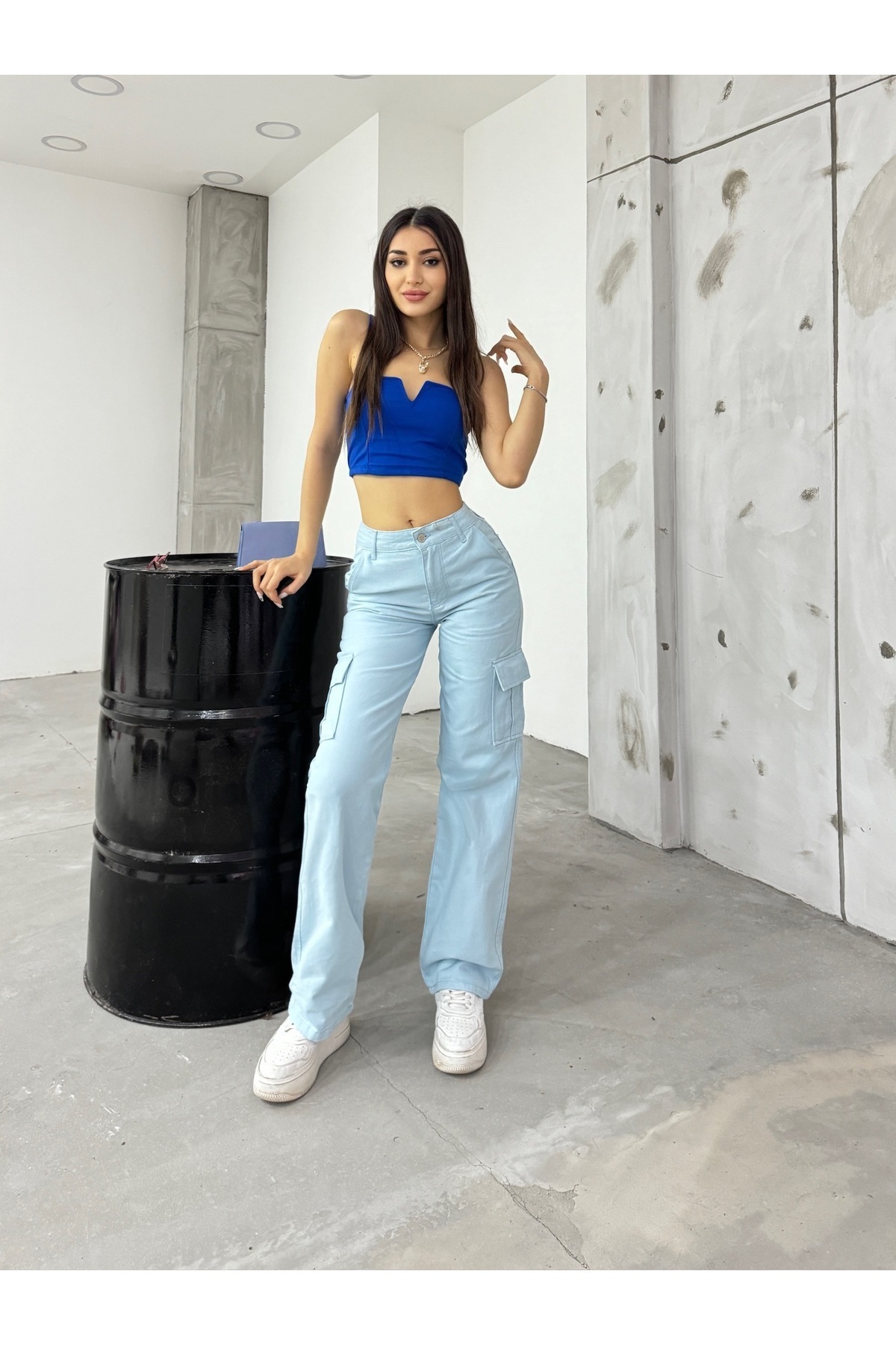 شلوار بچه گانه آبی فاق بلند زنانه گشاد باربری