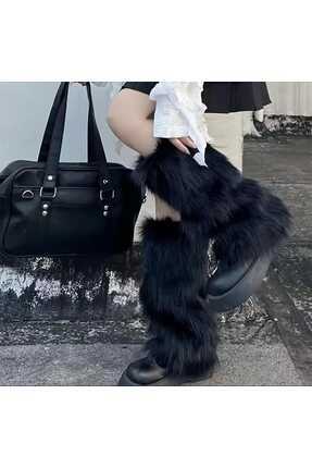 Siyah Renk Peluş Kürk Tozluk Uzun Tüylü Standart Beden Y2k Tozluk Image 2