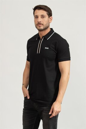 Erkek Slim Fit Hızlı Kuruyan Esnek Pamuklu Kısa Kollu Fermuarlı Siyah Polo Yaka T-Shirt 50544450-001 Image 1