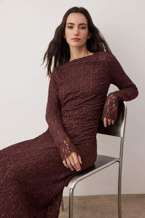 Kahverengi Astarlı Dantel Kumaş Örme Elbise TCTAW26EB00053 Image 1