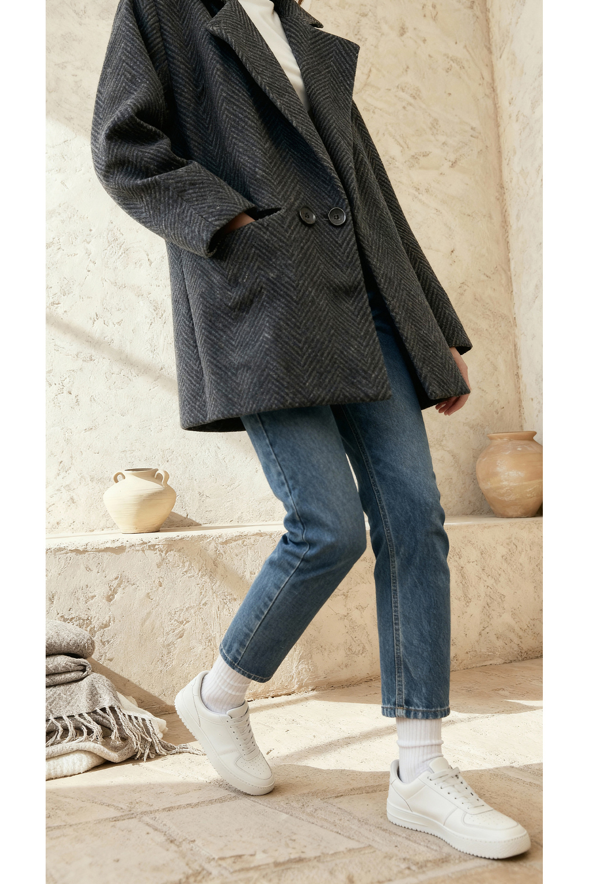 کت زنانه اورسایز Kaşe طرح دار آنتراسیت