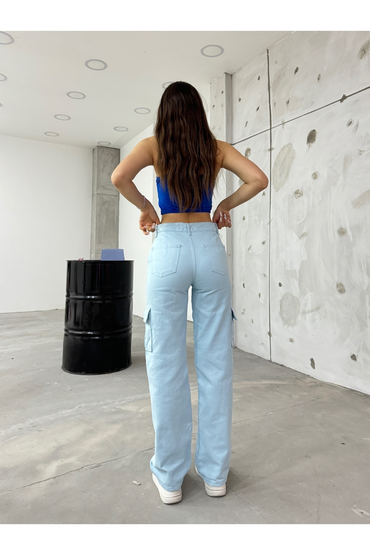 شلوار بچه گانه آبی فاق بلند زنانه گشاد باربری