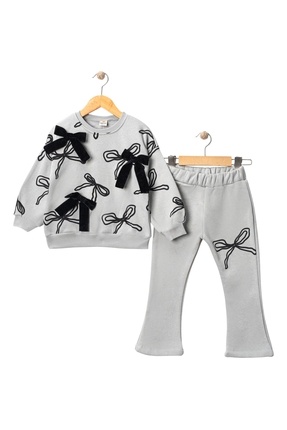Kız Çocuk İspanyol Paça Fiyonk Baskılı Eşofman Takımı | 3 İplik Şardonlu Image 0