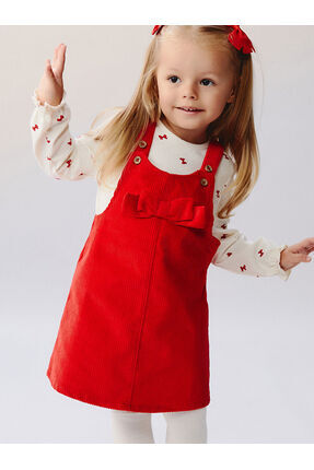 Fiyonk Detaylı Kadife Kız Bebek Salopet Elbise ve Tişört Image 2