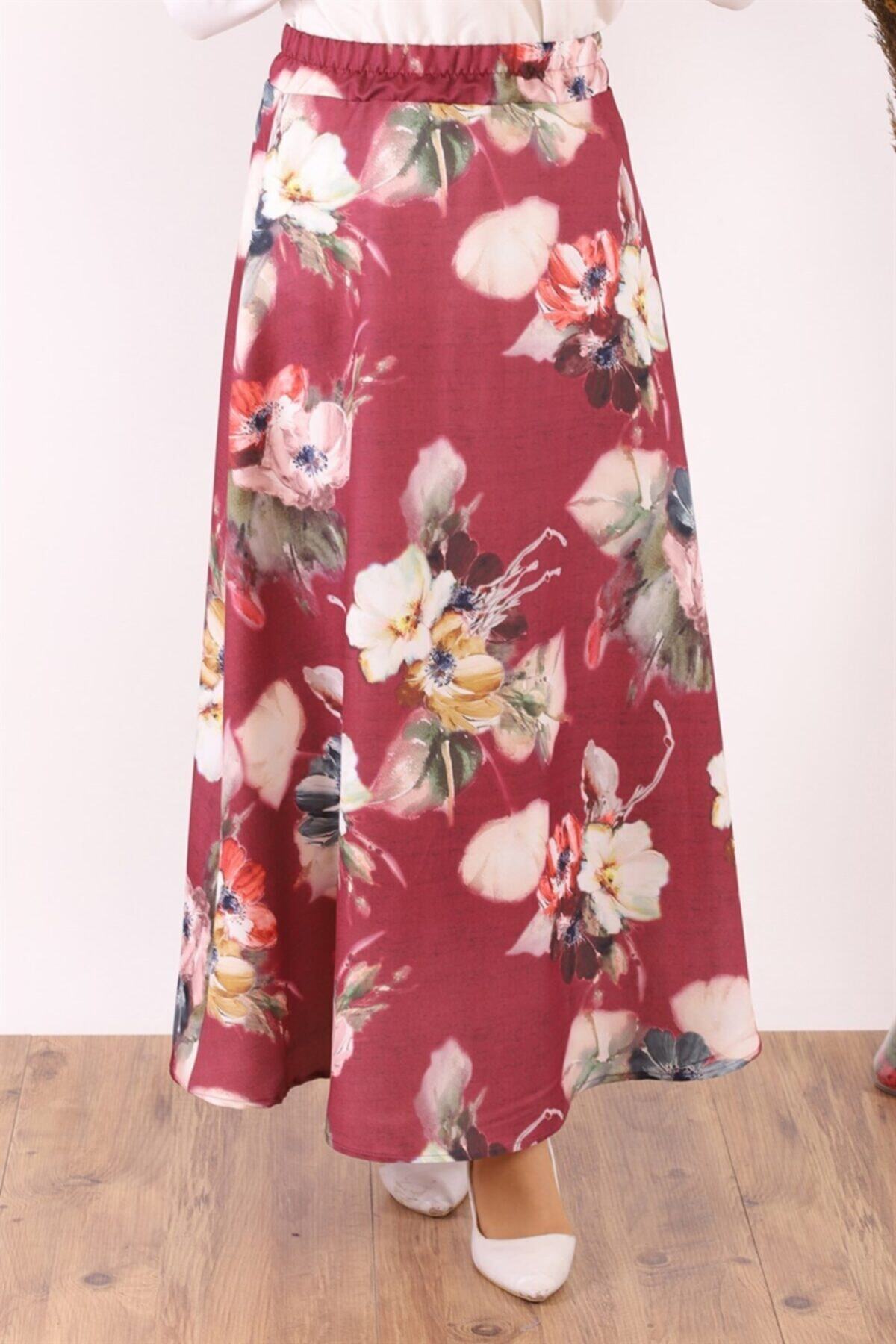 ModaBerfu Manolya Desenli Kloş Etek (bordo)