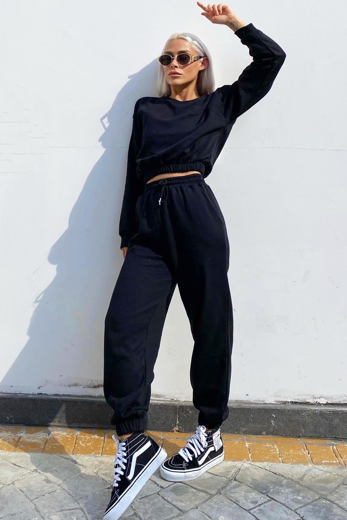 SwistLuxury Siyah Beli Lastikli Crop Içi Pamuklu Eşofman Takımı