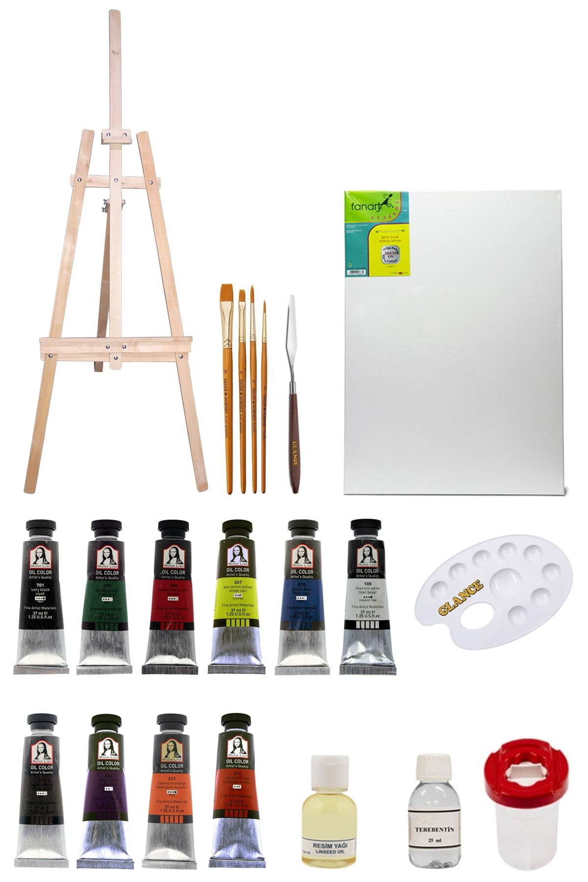 GLANCE 3 Ayaklı Şövale Daler Rowney 4'lü Fırça Seti Südor Mona Lisa 37 Ml 10'lu Yağlı Boya Seti
