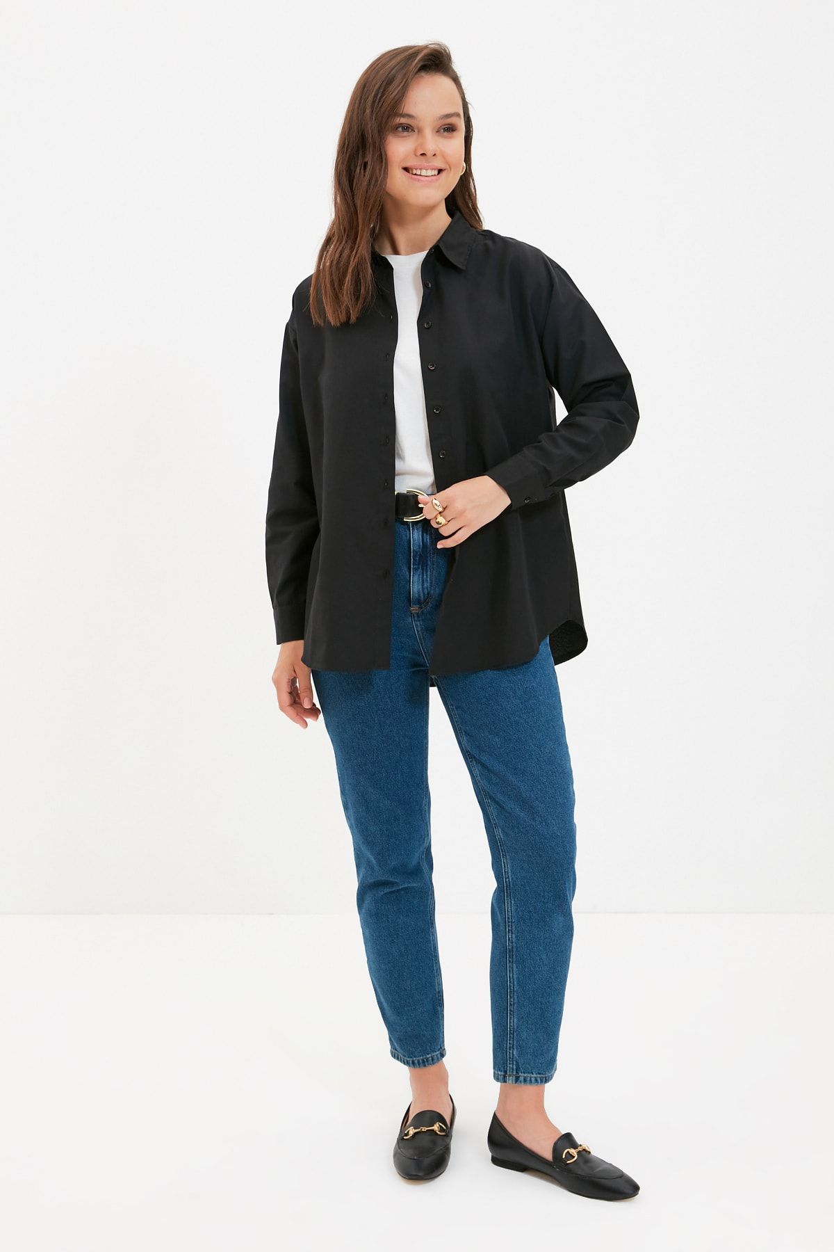 Trendyol Modest Siyah Gömlek Yaka Tunik TCTAW22UK0083