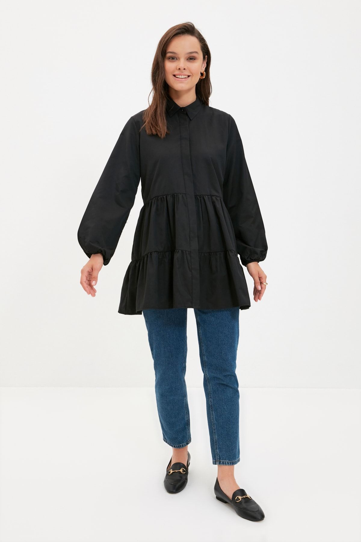 Trendyol Modest Siyah Gömlek Yaka Tunik TCTAW22UK0126