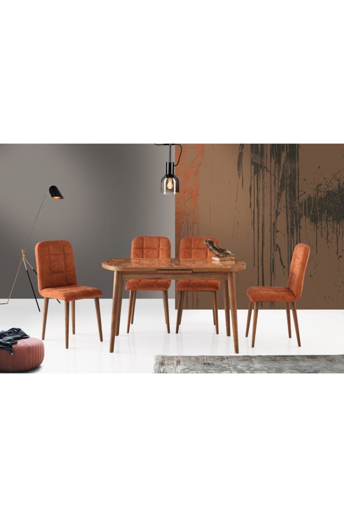 Evistro Ortadan Açılır Ahşap Salon Yemek Masası Oval Parke Desen + 6 Kiremit Sandalye Takım