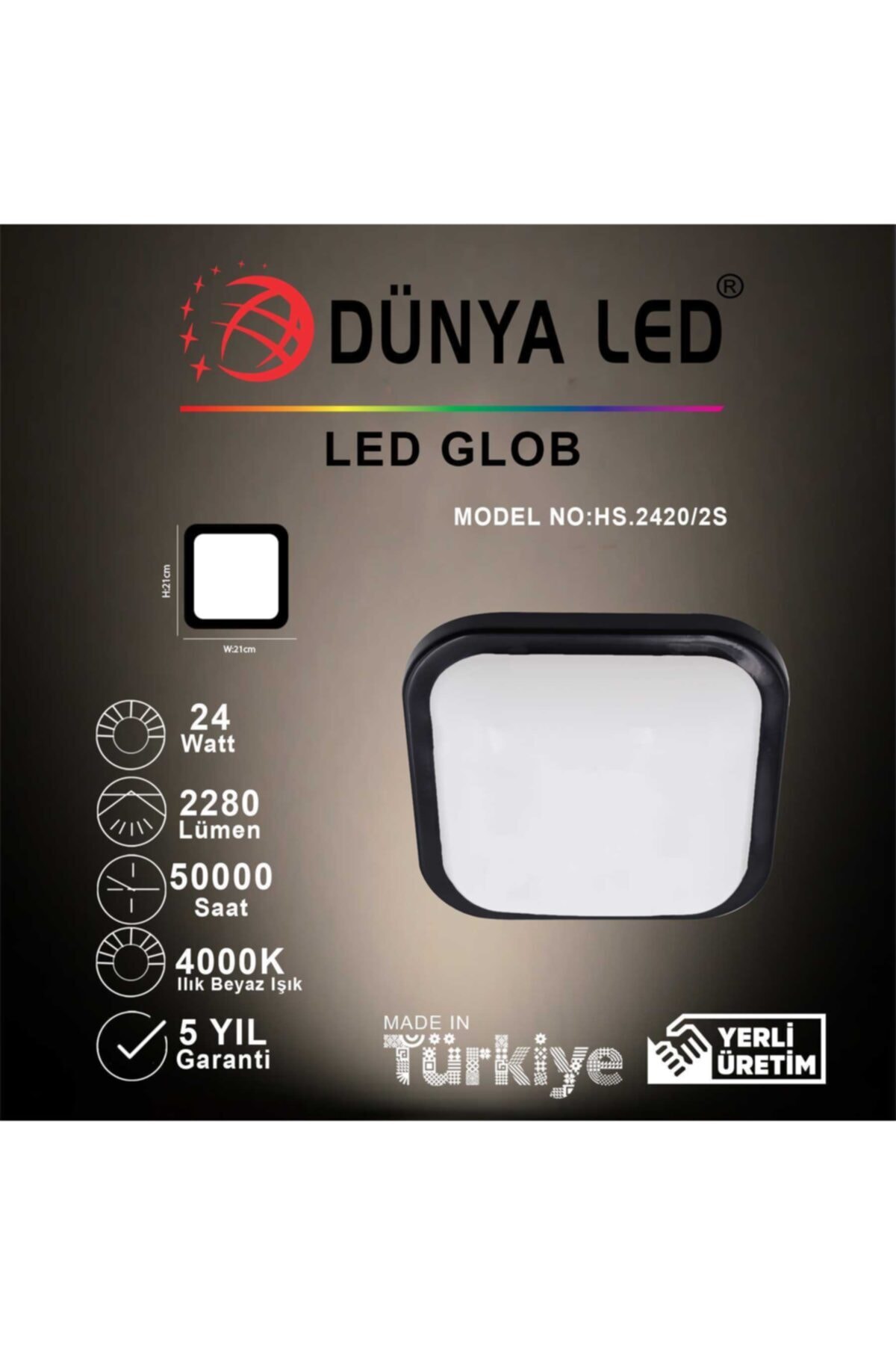 DÜNYA LED Hs.2420/2-s 24w Siyah Kasa Led Glob 4000k Ilık Beyaz Işık