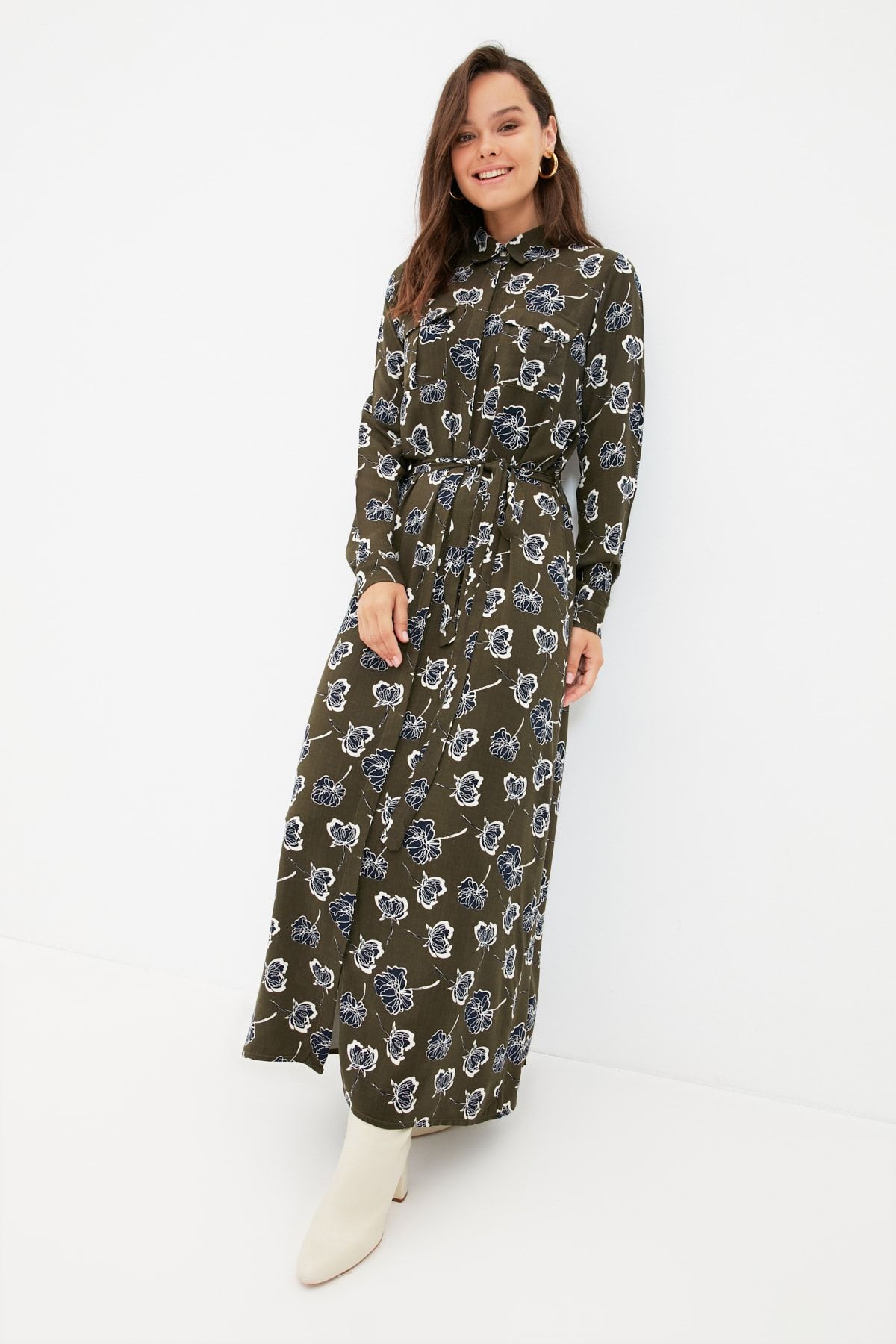 Trendyol Modest Haki Gömlek Yaka Elbise TCTAW22EB0127