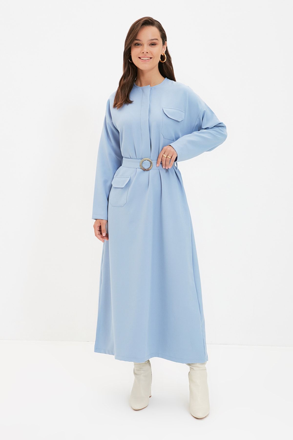 Trendyol Modest Mavi Bisiklet Yaka Kemerli Elbise TCTAW22EB0118