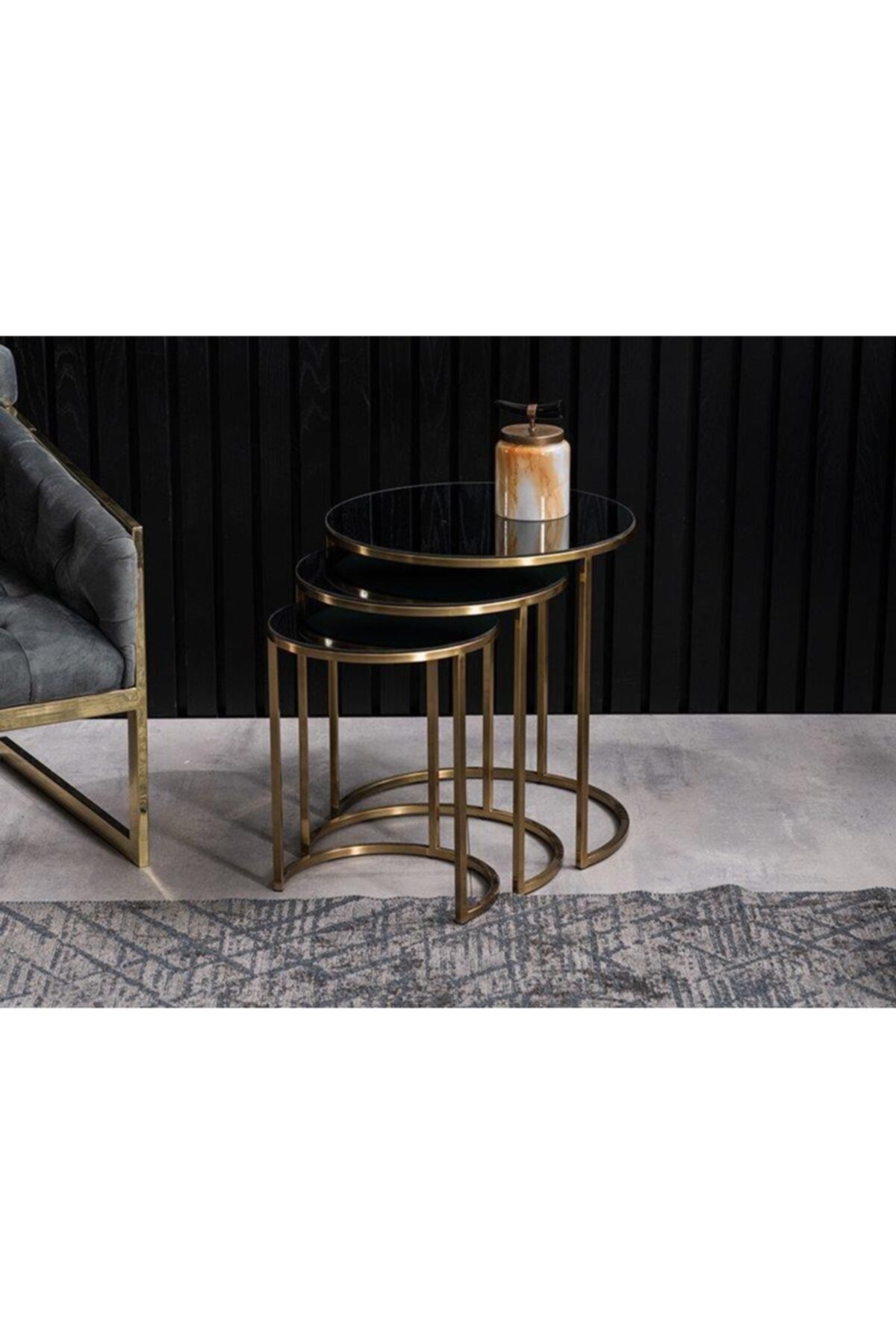 Fidex Home 3'lü Dekoratif Zigon Sehpa Metal Altın Oksit Kaplama Füme Camlı 58 Cm