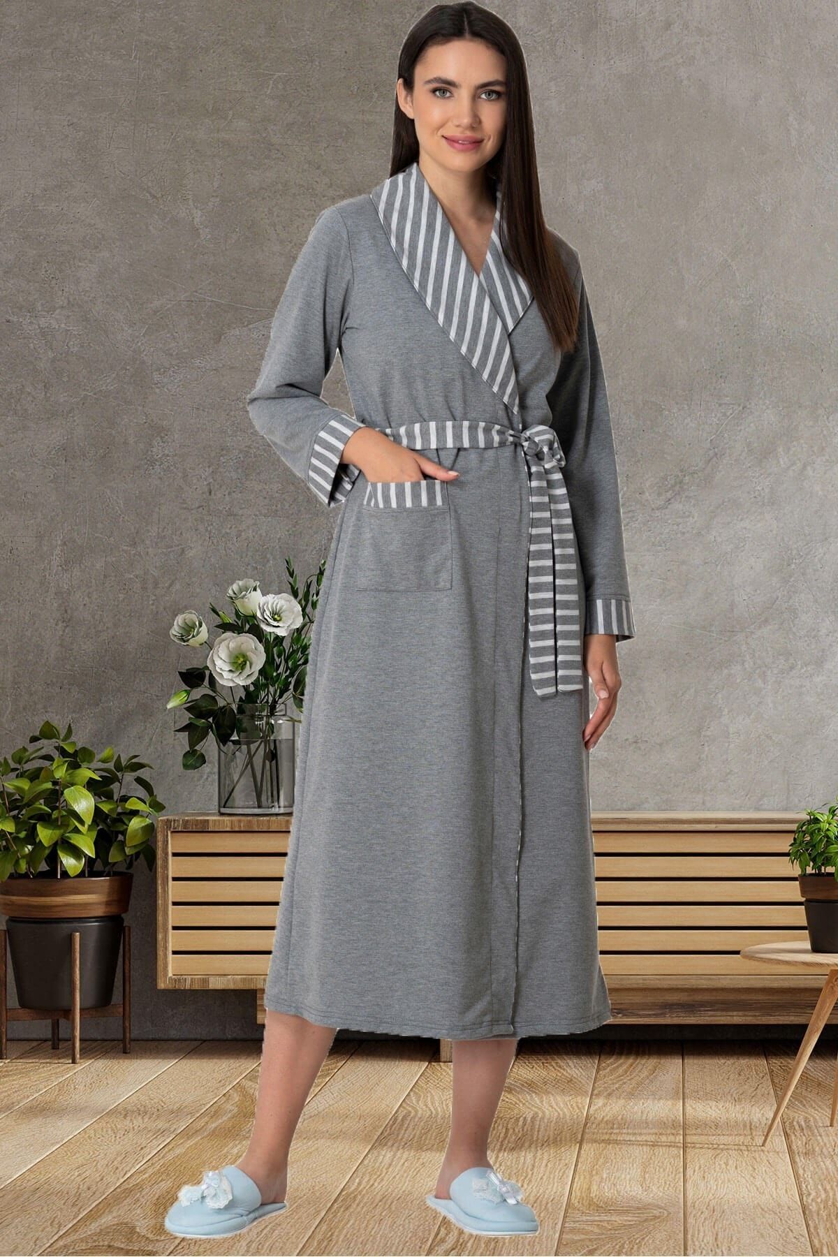 Mecit Pijama 5533 Gri Çizgili Kadın Sabahlık