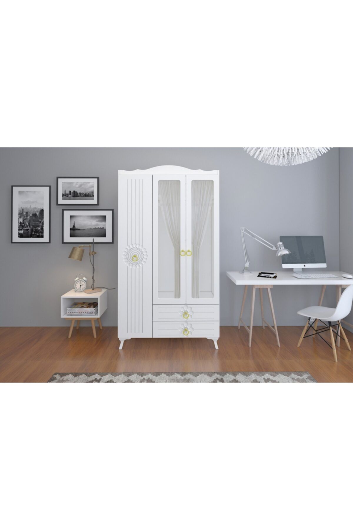SUNROYAL Elif 3 Kapak 2 Cekmece Perdeli Ayaklı Gardırop