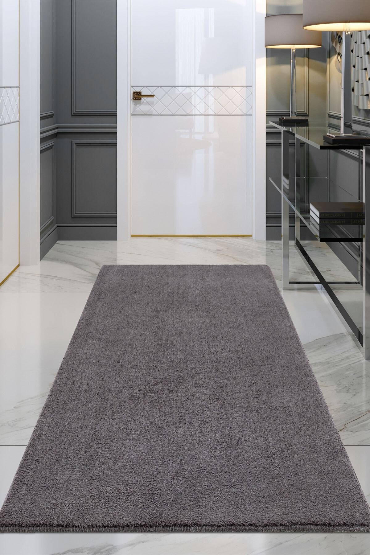 Aylem Home Peluş Post Halı Kaymaz Taban Yolluk Antrasit Saçaksız