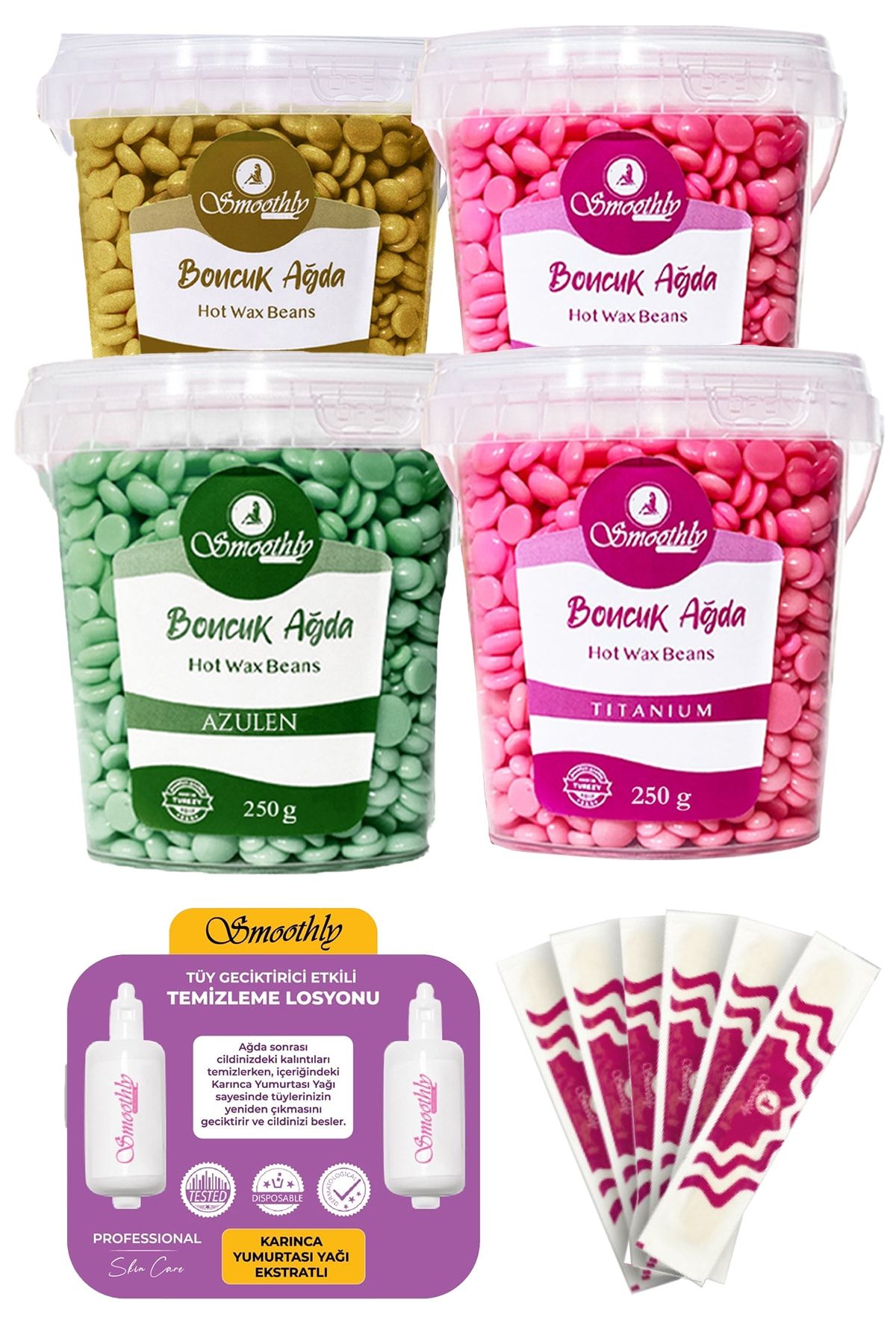 Smoothly Mix 4 Adet 1000 Gr Soyulabilen Boncuk Ağda Seti 2 Adet Karınca Yumurta Yağ, Spatula Seti