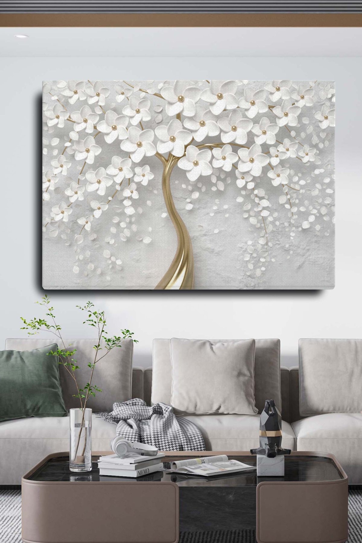 Blok Design Dekoratif Soyut Altın Beyaz Çiçek Sürreal Kanvas Duvar Tablosu