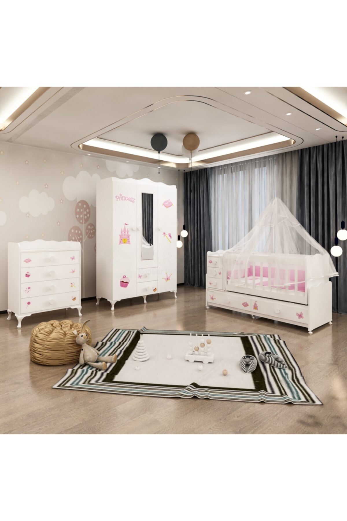 Garaj Home Melina Prenses Bebek Odası Takımı Yatak Ve Uyku Seti Kombinli Uyku Seti Pembe